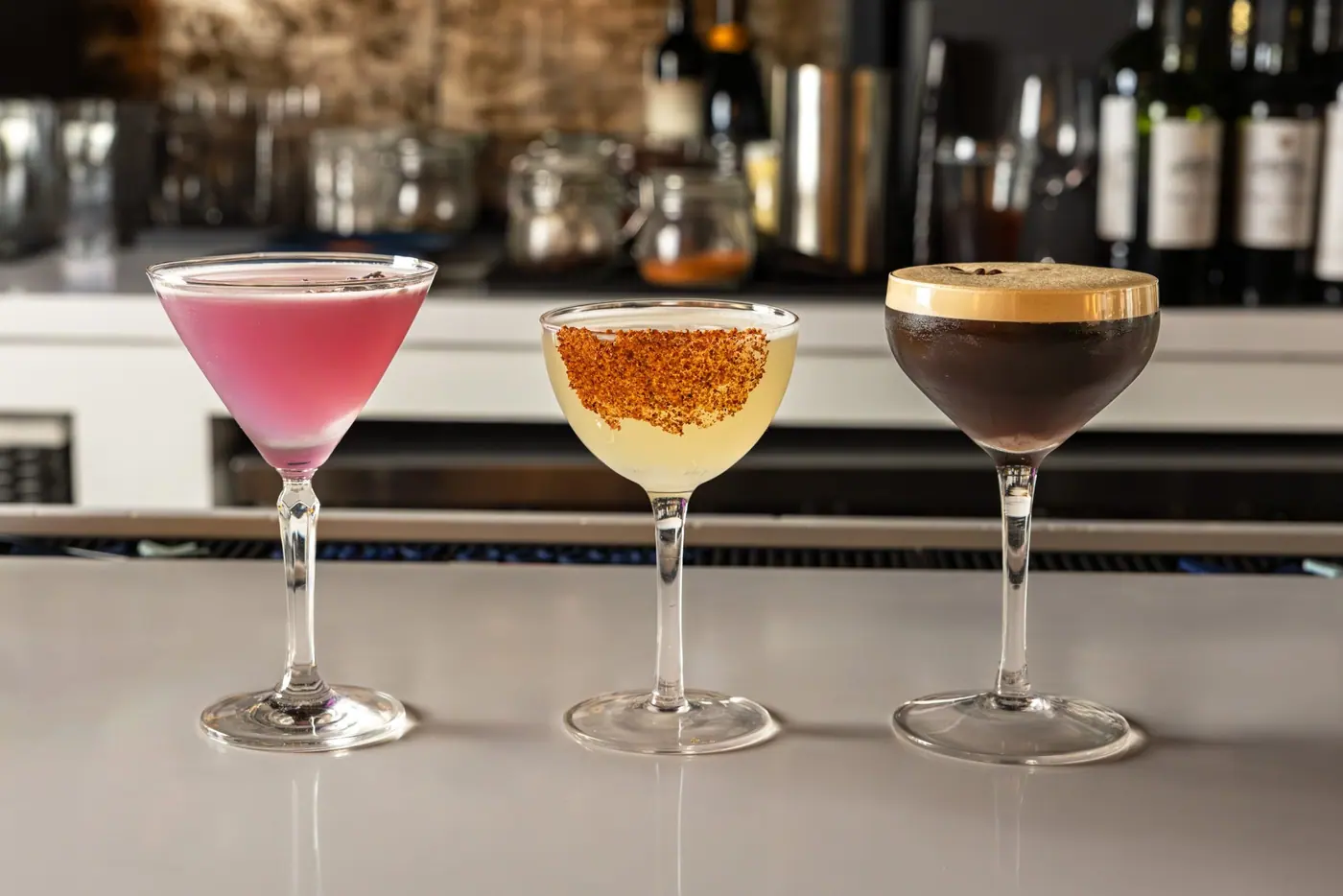 Three cocktails lined up on the bar