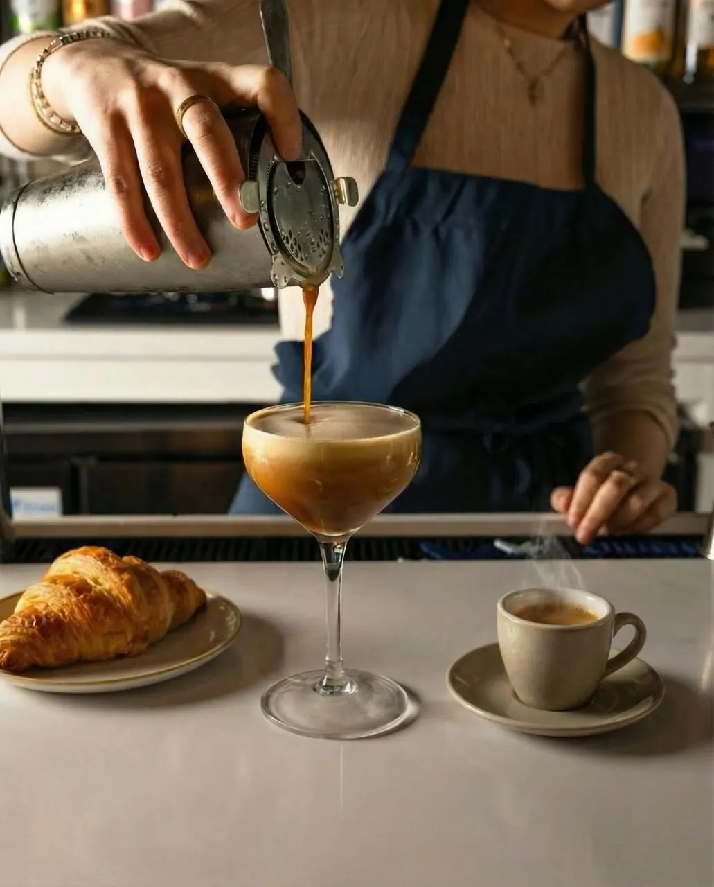 A coffee and a pastry on a marble table